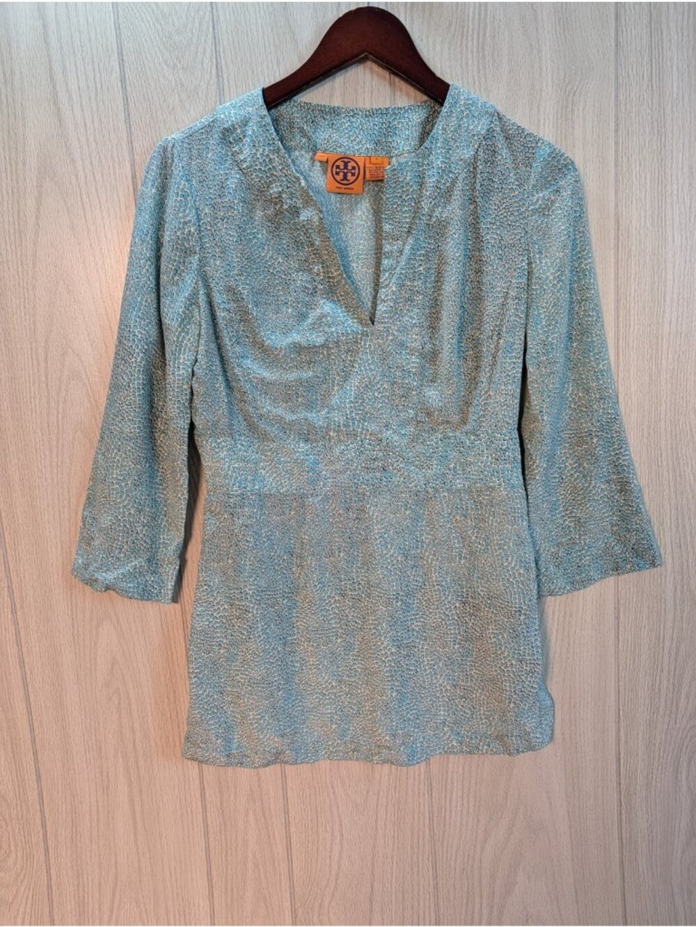 TORY BURCH Silk Tunic Top Teal Blue Abstract Animal Print Split Neck 6